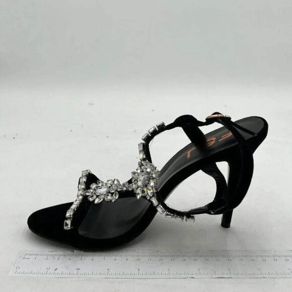 FSJ Rhinestone Mid heel Crystals Heeled Open Prom Satin Sandals